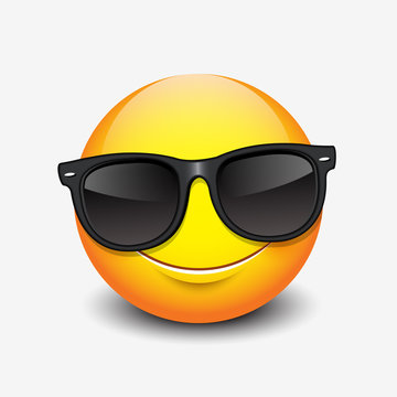 Cute smiling emoticon wearing black sunglasses, emoji, smiley
