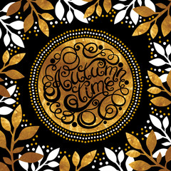 Round vintage frame with gold texture leaves and lettering word 