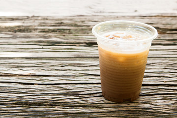 ice coffee on wood.