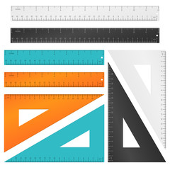 Rulers and triangle with inches, centimeters millimeters scale. Vector set