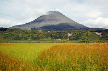 Karimskiy volcano. Volcanic eruption in Kamchatka, ash flow and destroyed