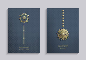 Stock vector set of brochures with gold 3d emblems. Elegant abstract composition, creative round shape icon,  banner in golden and navy blue tones. Vintage style. Design templates. Size A4, vertical.  - 118372502