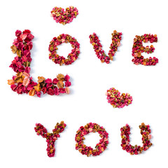 Love you word from flower leaves on white background