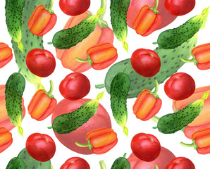 Watercolor vegetable seamless pattern. Hand painted cucumber, tomato, pepper, wallpaper, textile, cover design template