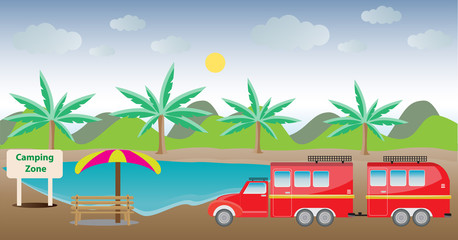  Camping Caravan car with Lake  Landscape background