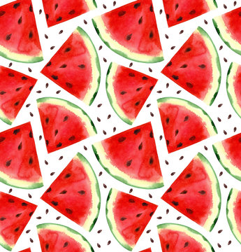 Watercolor hand painted watermelon seamless pattern. White background.