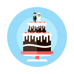 wedding cake with figurines of the newlyweds flat design icon