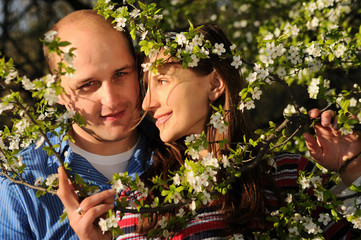 Fototapeta premium Portrait of happy couple enjoying spring in park.Dating. Love story