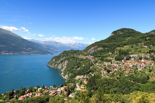 Panorama of lakeside village Varenna at Lake Como with mountains in Lombardy, Italy