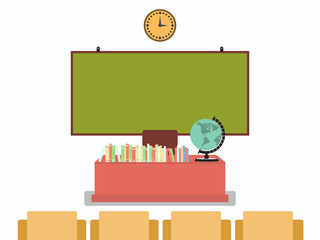 School classroom in flat style. School board on the wall, books on the table. Vector illustration.