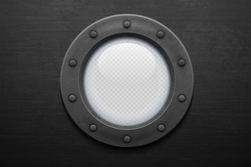 Illustration of a iron porthole with glass on brushed metal background. Rivets mount.