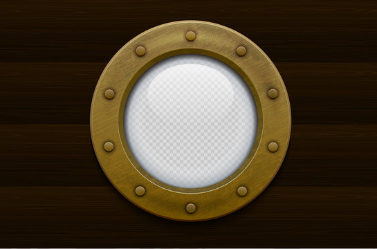 Illustration of a bronze or brass ship porthole with transparent glass on wooden background. Rivets mount.