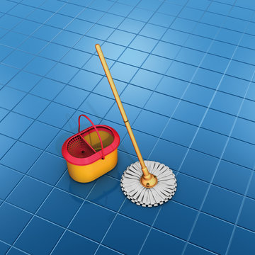 mocio e secchio arancioni su pavimento blu