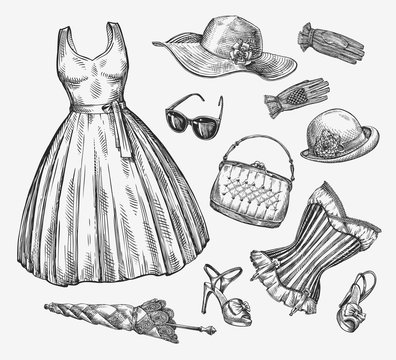 Fashion. Vector collection of women clothing. Hand-drawn sketch umbrella, dress, sunglasses, corset, handbag, hat, gloves, shoes