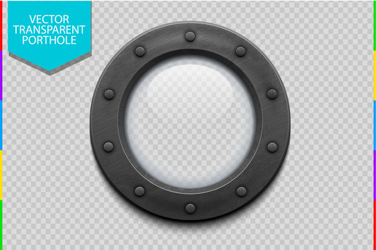 Illustration of a metal ship porthole with glass isolated on transparent background. Rivets mount.