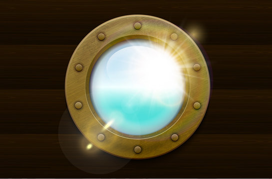 Brass porthole with rivets overlooking the sea and sun lens flare on wood wall. Travel design.