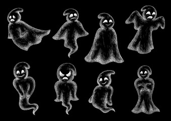 Halloween funny ghosts chalk cartoon icons