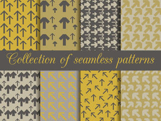 Set of seamless patterns with arrows. For wallpaper, bed linen, tiles, fabrics, backgrounds. Vector illustration.
