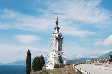 Fototapeta na wymiar view of Nicholas temple-lighthouse in Malorechenskoye, Crimea 