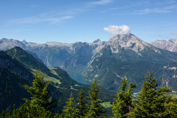 Konig see view and Bavarian alpine mountains