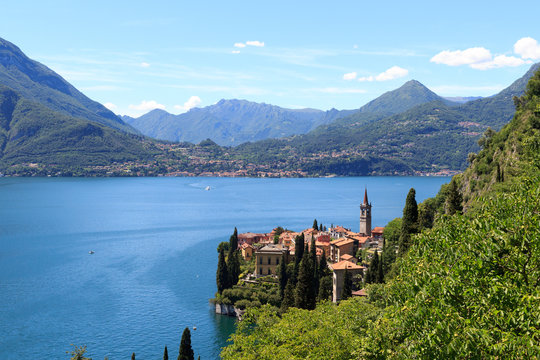 Panorama of lakeside village Varenna at Lake Como with mountains in Lombardy, Italy