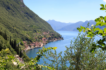 Obraz na płótnie Canvas Panorama of lakeside village Fiumelatte at Lake Como with mountains in Lombardy, Italy