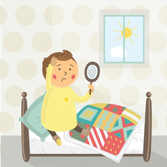 Kid wake up in the morning.