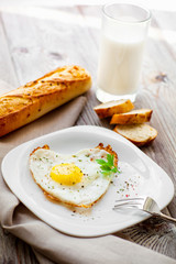 Fried eggs with bread and milk