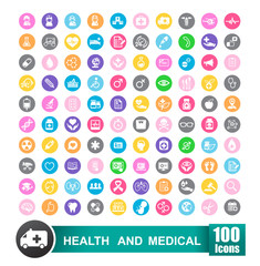 Set of 100 icons of health and medical with circle color backgro