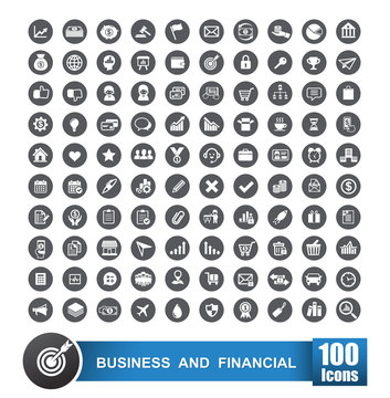Set of 100 icons business and financial on grey circle backgroun