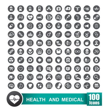 Set of 100 icons of health and medical with circle grey backgrou