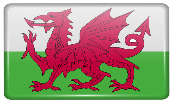 Flags Wales in the form of a magnet on refrigerator with reflections light. Vector