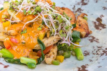 Chicken bombay with leek, green pepper, bean sprouts and alfalfa