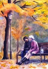 Watercolor landscape with a couple sitting on a bench in autumn park
