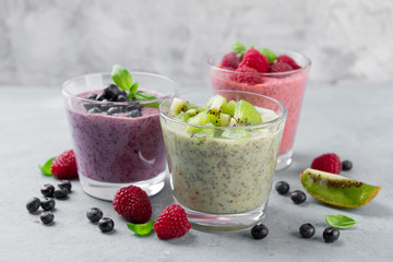 Chia seed pudding with various fruit and berries