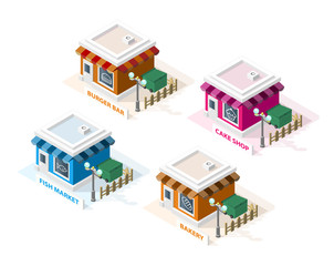 Isometric High Quality City Element with 45 Degrees Shadows on White Background. Burger bar , Cake Shop , Fish Market and Bakery
