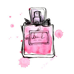 Pink perfume bottle. Hand painting watercolor illustration of glass  pink perfume bottle