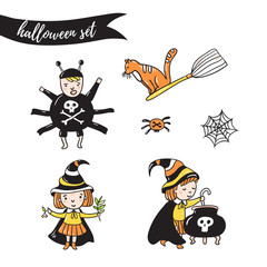 Set of halloween characters. Children in costumes. witches, spider and cat  isolated on the white background. Vector illustration.