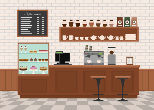 Coffee Shop Interior . Flat Design Vector Illustration