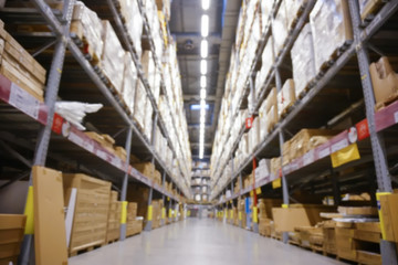 Blurred Background Image of Shelf in Warehouse or Storehouse.