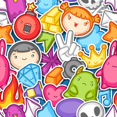 Game kawaii seamless pattern. Cute gaming design elements, objects and symbols