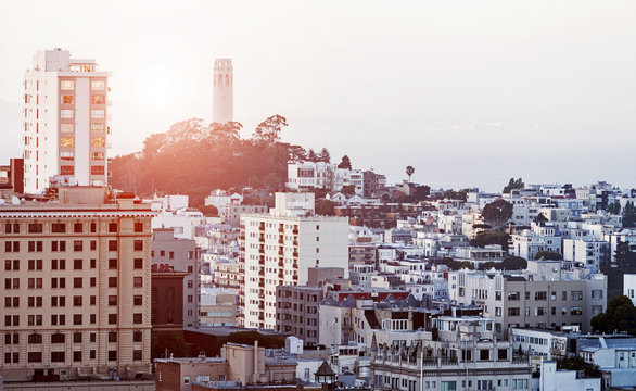 The Coit Tower in San Francisco at sunset
