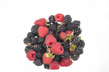 Red raspberries and blackberries isolated on a white background