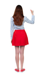 Back view of  woman.  Raised his fist up in victory sign.    Raised his fist up in victory sign.  Rear view people collection.  backside view of person.  Isolated over white background. Long-haired