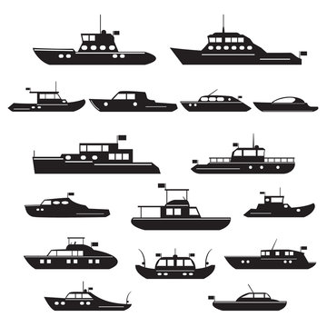 Set  icons of motor yachts and small ships to explore the sea and fishing.  Vector silhouette symbol  motor yachts