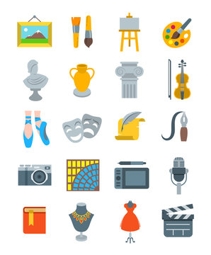 Art and crafts flat vector icons set. Colorful symbols of painting, architecture, sculpture, writing, music, ballet, theater, cinema, calligraphy photography pottery jewelry tailoring