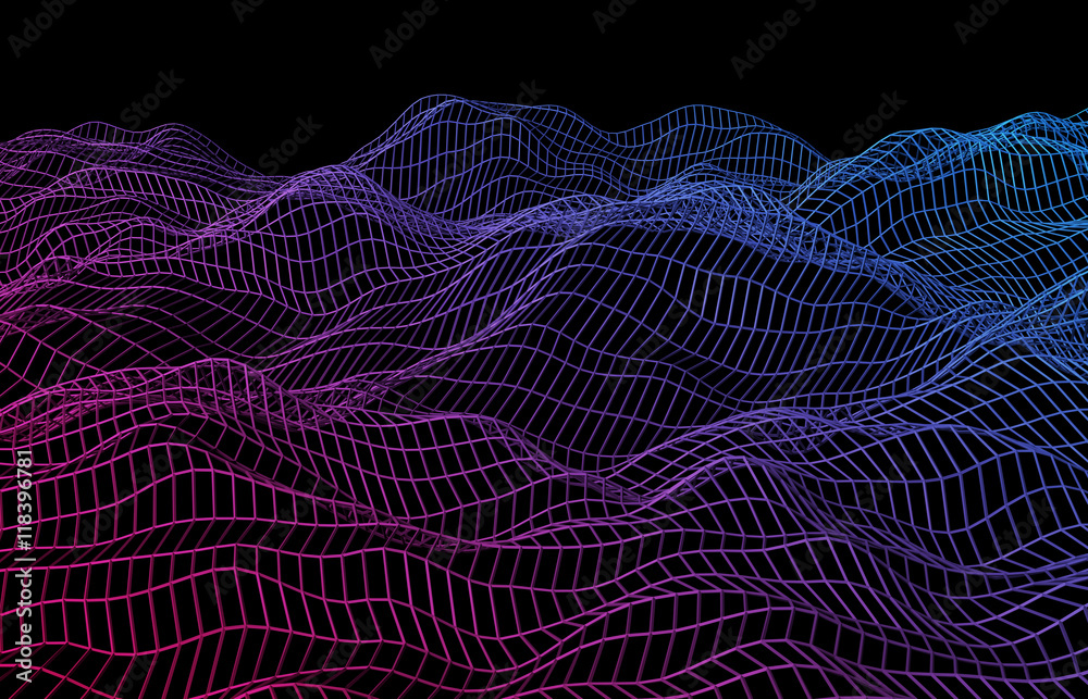 Poster abstract 3d rendering of surface with waves on black background. futuristic background. design for p