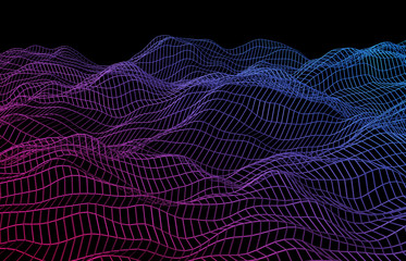 Abstract 3d rendering of surface with waves on black background. Futuristic background. Design for poster, cover, banner, placard