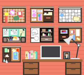 Workplace of man with the computer, lamp, books and many details. Vector