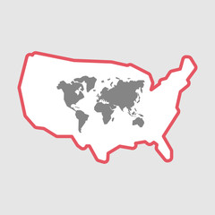Isolated line art  USA map icon with a world map